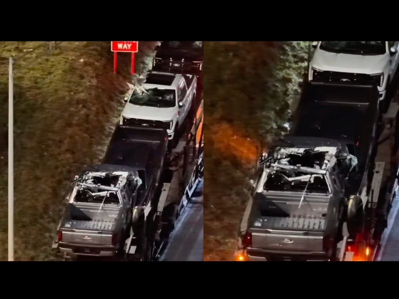 Car Hauler Carrying New Ford F-150 Trucks Strikes Overpass on I-94 Near Livernois in Detroit, Damaging Multiple Vehicles