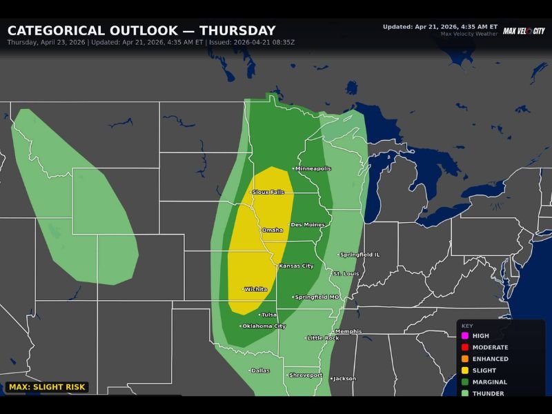 Damaging Winds, Very Large Hail and Tornadoes Returning Across Great Plains and Midwest Thursday &mdash; Slight Risk Covers Sioux Falls Through Wichita and Kansas City Corridor