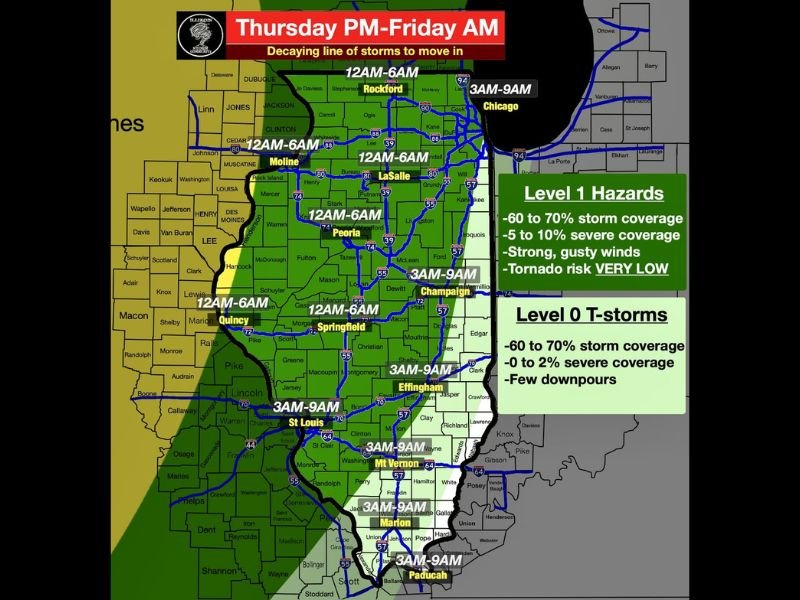Decaying Squall Line With Gusty Winds Up to 55 MPH Moving Through Illinois and St. Louis Thursday Night Into Friday Morning — Marginal Severe Risk With Tornado Threat Very Low