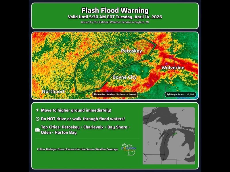 Flash Flood Warning Issued for Antrim, Charlevoix, and Emmet Counties in Michigan — Valid Until 5:30 AM EDT Tuesday April 14 With 10,696 People Under Alert