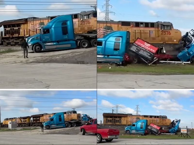 Freight Train Slams Into Semi-Trailer Stuck at Texas Railway Crossing &mdash; Driver Escapes Seconds Before Impact