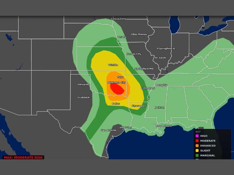 Giant Hail Up to 3-4 Inches and Strong Tornadoes Threatening Eastern Oklahoma and North Texas Today — Moderate Risk Covers Oklahoma City and Tulsa Corridor