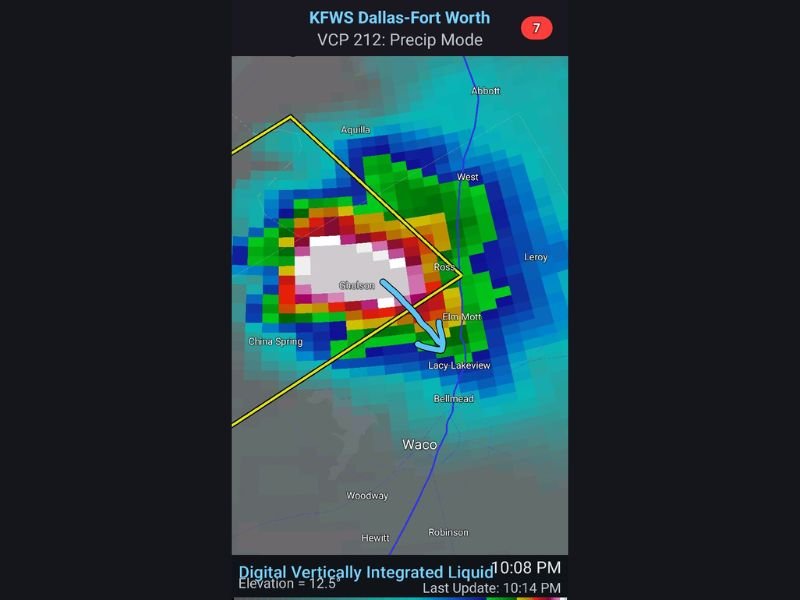 Golf Ball Size Hail Reported in Gholson as Severe Thunderstorm Warning Storm Moves Southeast Into McLennan County Texas Targeting Bellmead Elm Mott and Lacy-Lakeview North of Waco