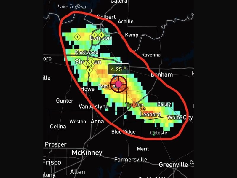 Grapefruit-Size 4.5-Inch Hail Radar Estimated Over Whitewright, Tom Bean and Leonard, Texas &mdash; 3.5-Inch Hail Confirmed With Swath Stretching From Denison to Wolfe City