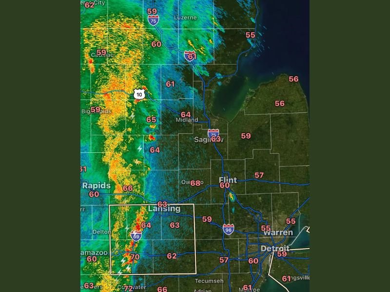 Gusty Winds Up to 40 MPH, Frequent Lightning and Heavy Rain Pushing Through Michigan &mdash; Severe Threat Over for the Night as Storm Line Moves Across Lansing, Saginaw and Grand Rapids Corridor