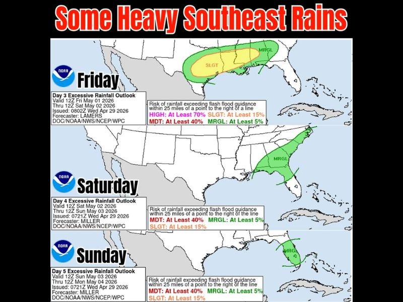 Heavy Rain and Flood Risk Targeting Southeast United States and Florida Peninsula Friday Through Sunday May 1-3 With Slight to Marginal Excessive Rainfall Threat