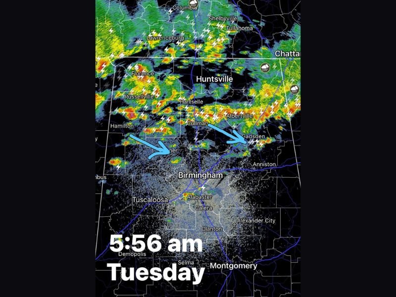 Heavy Storms and Frequent Lightning Tracking East-Southeast Across Huntsville Cullman Gadsden and Birmingham Alabama Tuesday Morning With Low Severe Risk