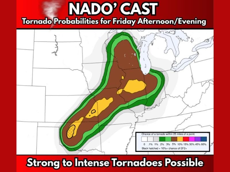 High Impact Severe Weather Day Forecast Friday With Strong to Intense Tornadoes Possible &mdash; Western Oklahoma Highlighted as Primary Tornado Threat Across Southern Plains to Great Lakes