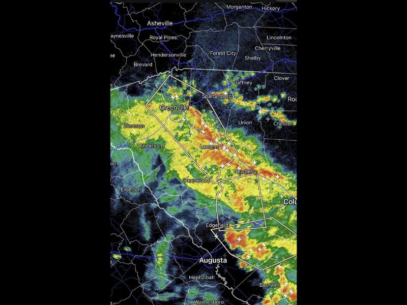 Intense Storm Line With Frequent Lightning and 50mph Wind Gusts Hammering Greenville Spartanburg Laurens Greenwood Newberry and Augusta South Carolina Georgia Corridor