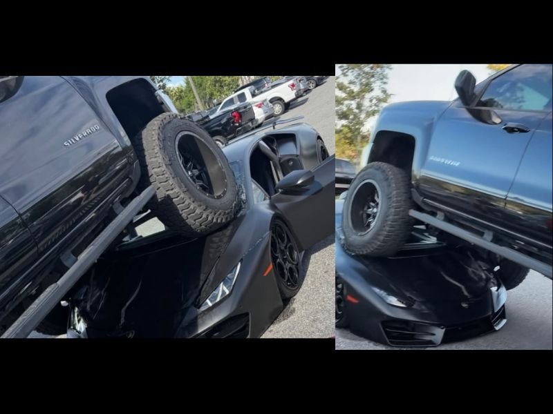 Lifted Silverado Drives Over $300K Lamborghini Huracan in Florida Gym Parking Lot &mdash; Man Inside the Lamborghini Survives and Thanks God for Another Day