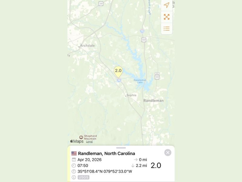 M2.0 Earthquake Strikes Randolph County North Carolina at 7:50 AM &mdash; Small but Felt by Some Residents Near Randleman and Sophia