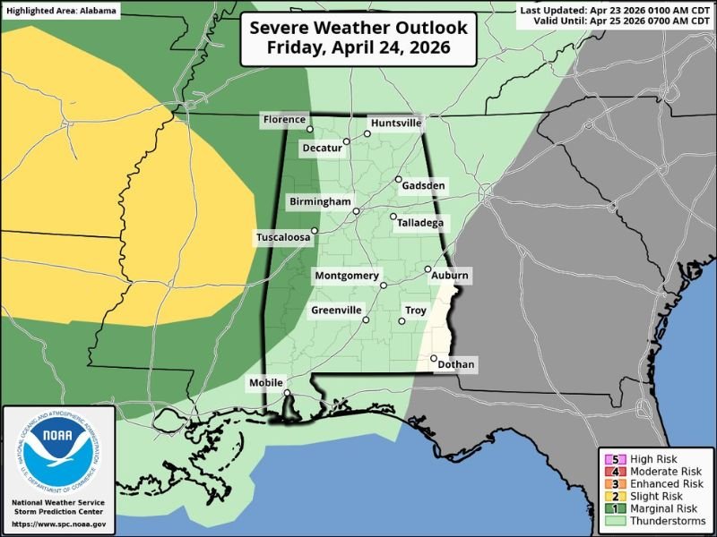 Marginal Severe Risk With Gusty Winds Across West Alabama Florence, Birmingham and Tuscaloosa Friday Night — Multiple Storm Rounds and Possible Severe Threat Returning Tuesday and Thursday Next Week