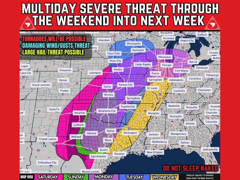 Multi Day Severe Storm Threat Begins Saturday With Expanding Supercells — Tornadoes Large Hail and Damaging Winds Expected Across Plains Midwest and Great Lakes