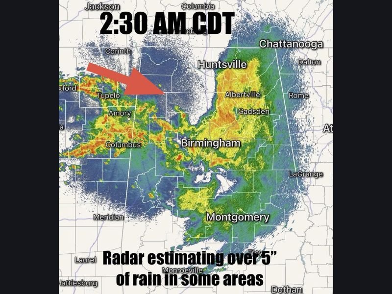 Over 5 Inches of Rain Estimated by Radar Across Northwest Alabama at 3AM With Localized Flooding Concern Trees Down in Winfield and More Storms Expected Wednesday Evening