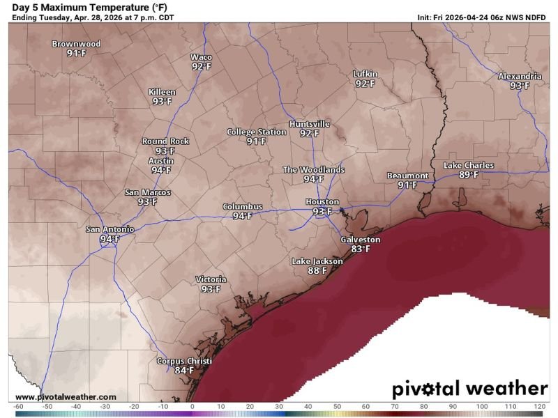 Pre-Summer Heat Hitting Houston and Central Texas This Weekend With First 90 Degree Days &mdash; Temperatures Reaching 91 to 94 Degrees Across Houston, Austin and San Antonio