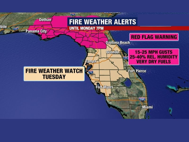 Red Flag Warning Across Northern Florida Until Monday 7 PM &mdash; Fire Weather Watch Tuesday for Central Florida With 15 to 25 MPH Gusts and Very Dry Fuels
