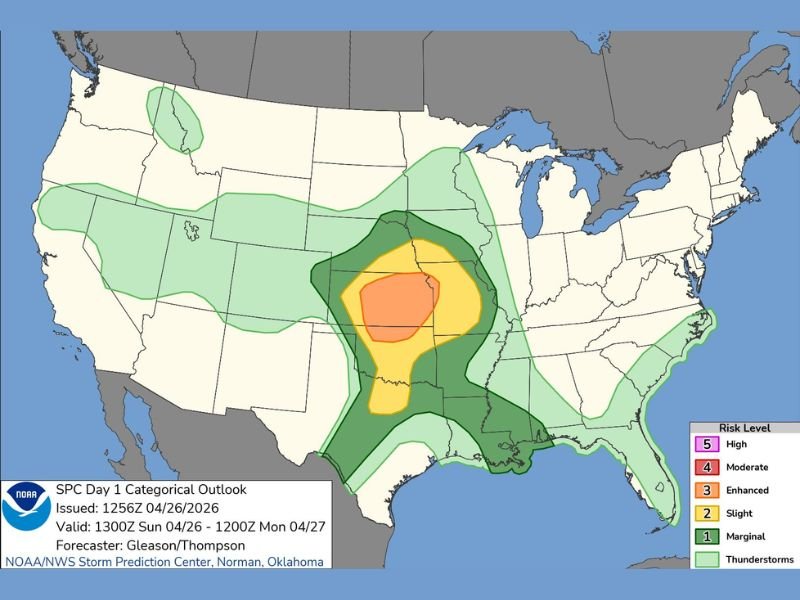 SPC Pulls Enhanced Risk South of Nebraska Into Kansas — Level 3 Severe Weather Outlook Issued for April 26 With Slight and Moderate Zones Expanding Across Central Plains