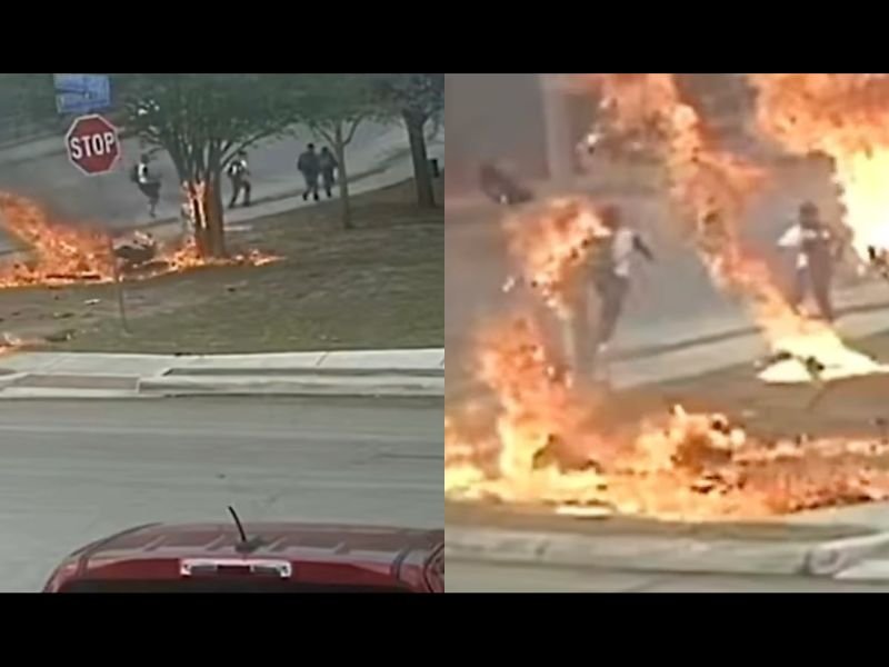 San Antonio Motorcycle Crash Erupts Into Fireball &mdash; Four Children Narrowly Escape as Bike Skids Toward Them Before Slamming Into Pole