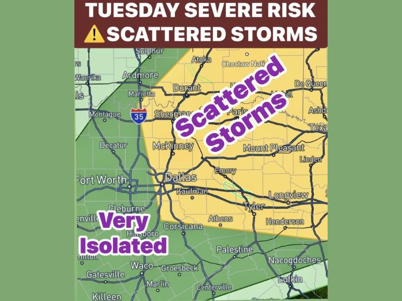 Scattered Severe Storms Threatening North Texas East of I-35 Tuesday 4pm to 10pm With 2 Inch Hail 65mph Winds and Isolated Tornado Risk