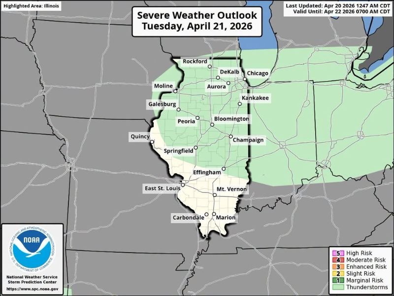 Scattered Thunderstorms With Small Hail Possible Across Northern and Central Illinois Tuesday — Marginal Risk Covers Chicago, Rockford, Peoria and Champaign Corridor
