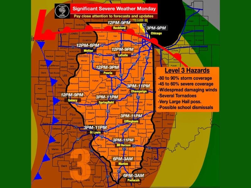 Several Tornadoes, 80 MPH Damaging Winds and Very Large Hail Threatening Illinois Monday &mdash; Level 3 Hazards With 45 to 60 Percent Severe Coverage From Noon to 11 PM