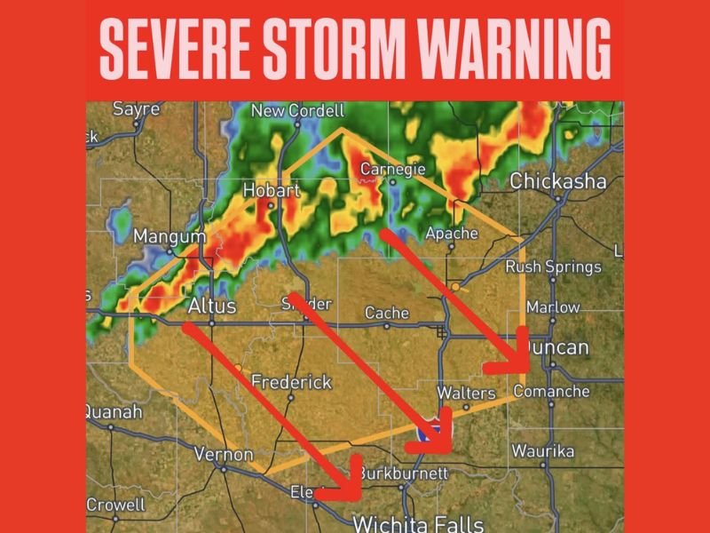 Severe Storm Warning With Damaging Winds and Hail Possible Across Lawton, Altus and Frederick Oklahoma — Storm Tracking Southeastward Toward Wichita Falls Until 11:30 PM CDT