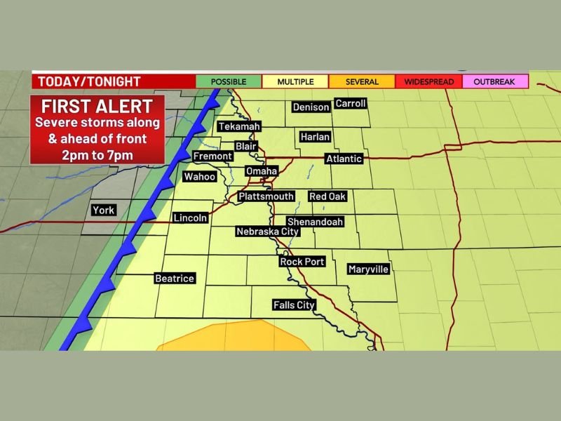 Severe Storms Developing Along Cold Front Across Omaha, Lincoln and Nebraska City From 2 PM to 7 PM — First Alert Weather Day as Broken Storm Line Pushes East Through Evening