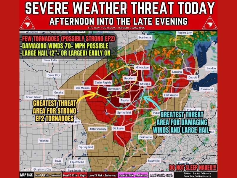 Severe Storms Developing This Afternoon &mdash; Tornadoes, 70+ MPH Winds and Large Hail Target Iowa, Illinois, Wisconsin and Michigan