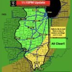 Severe Thunderstorm Line Bringing Damaging Winds and Brief Tornadoes Now Clearing Illinois &mdash; All Clear Issued Across Most of the State as of 11:15 PM With Yellow Zone Areas Advised to Keep Phones On