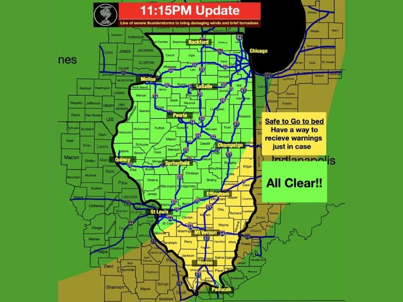 Severe Thunderstorm Line Bringing Damaging Winds and Brief Tornadoes Now Clearing Illinois &mdash; All Clear Issued Across Most of the State as of 11:15 PM With Yellow Zone Areas Advised to Keep Phones On