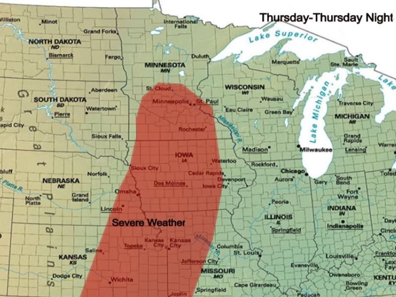Strong Tornadoes, Very Large Hail and Damaging Winds Possible Across Central Minnesota Into Eastern Kansas and Western Missouri