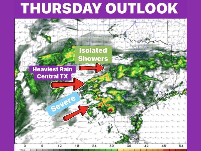 Texas Thursday Outlook Brings Heaviest Rain to Central Texas Severe Storms Near Del Rio and 90% Rain Coverage Expected Friday Across North Texas
