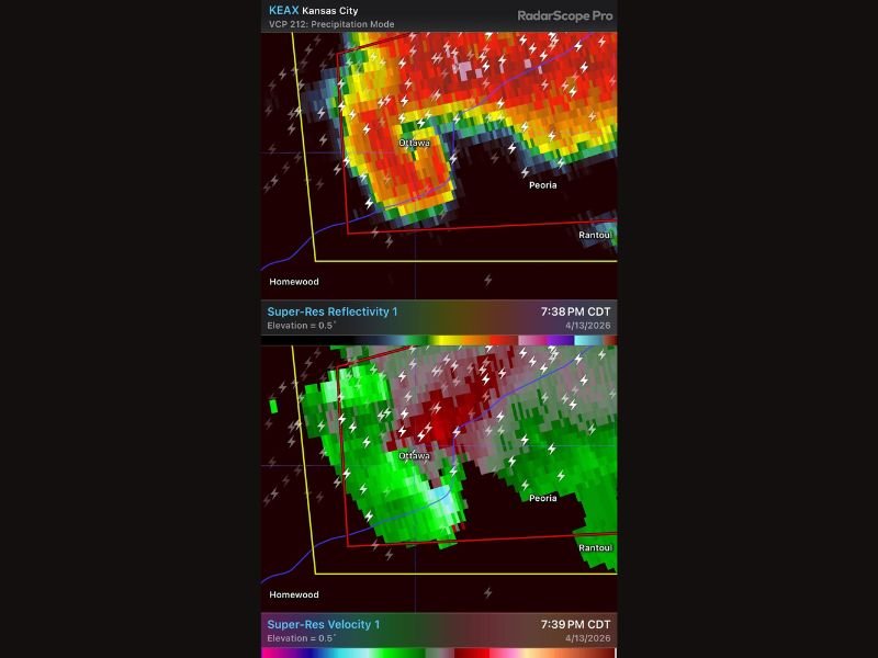 Textbook Supercell Tornado Confirmed on the Ground in Eastern Kansas Southwest of Kansas City — Hook Echo and Strong Couplet Visible on Radar at 8:43 PM