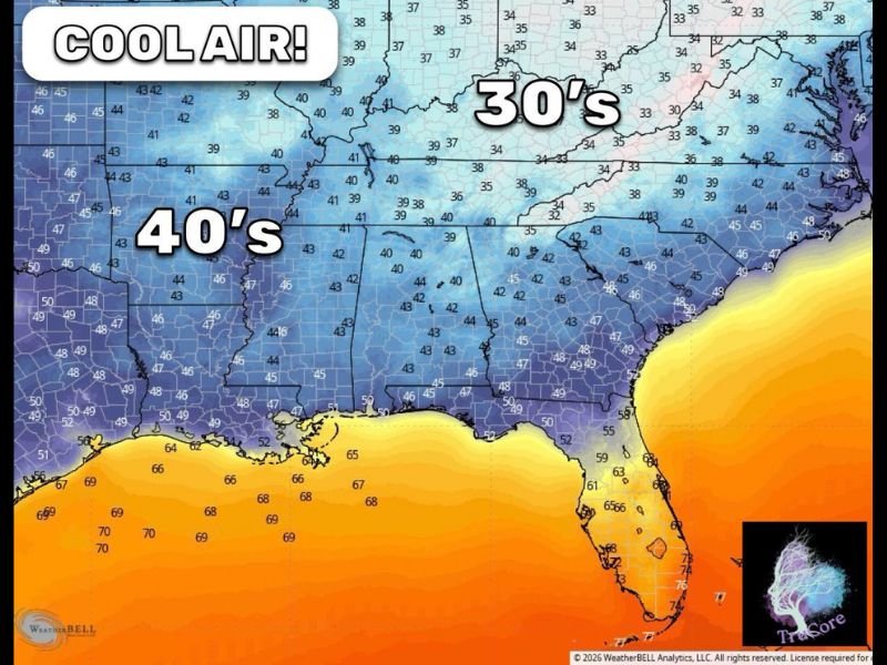 Unseasonably Cool Air Returns This Weekend Across the South With Lows Dropping to Low 40s and Upper 30s Feeling More Like Fall Than Late Spring Through Sunday