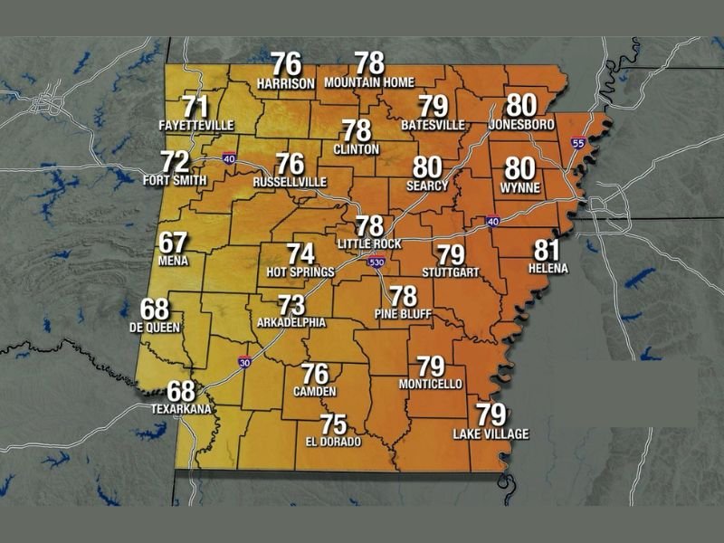 Warm Highs of 67 to 81 Degrees Across Arkansas Tuesday With Gusts Over 20 MPH — Clouds and Low Rain Chances With Stronger Storms Possible Friday