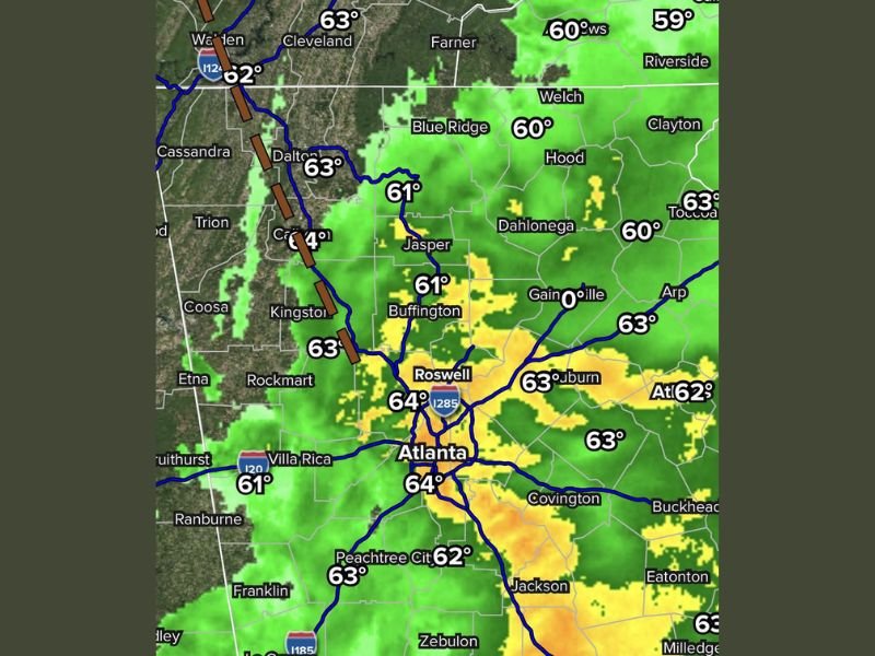 Wet and Mild Wednesday Morning Across North Georgia April 29 With Temperatures in the 60s Rain Sliding Out of Alabama and Showers Tapering Through Afternoon