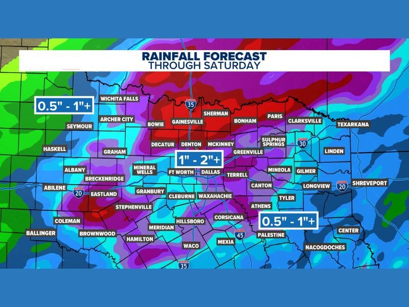 Widespread Rainfall Moves Into North Texas — 1 to 2 Inches Expected With Low Severe Weather Risk Through Saturday