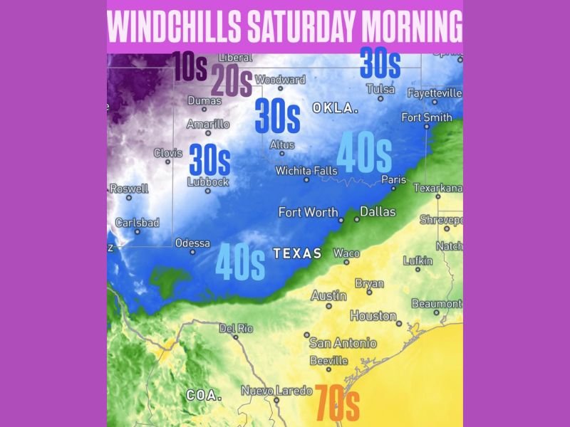 Windchills Crashing Into the 20s Across Texas and Oklahoma Panhandles &mdash; Cold Front Racing South to Bring Sub-Freezing Feels by Saturday Morning