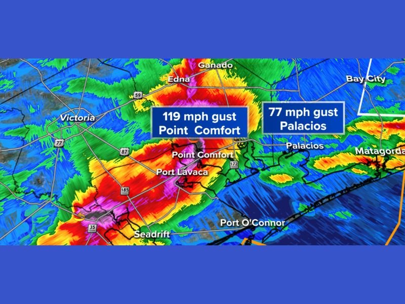 119 MPH Wind Gust Recorded at Point Comfort as Destructive Straight Line Windstorm Tears Through Victoria, Calhoun, and Matagorda Counties &mdash; Palacios Also Hit With 77 MPH Gusts