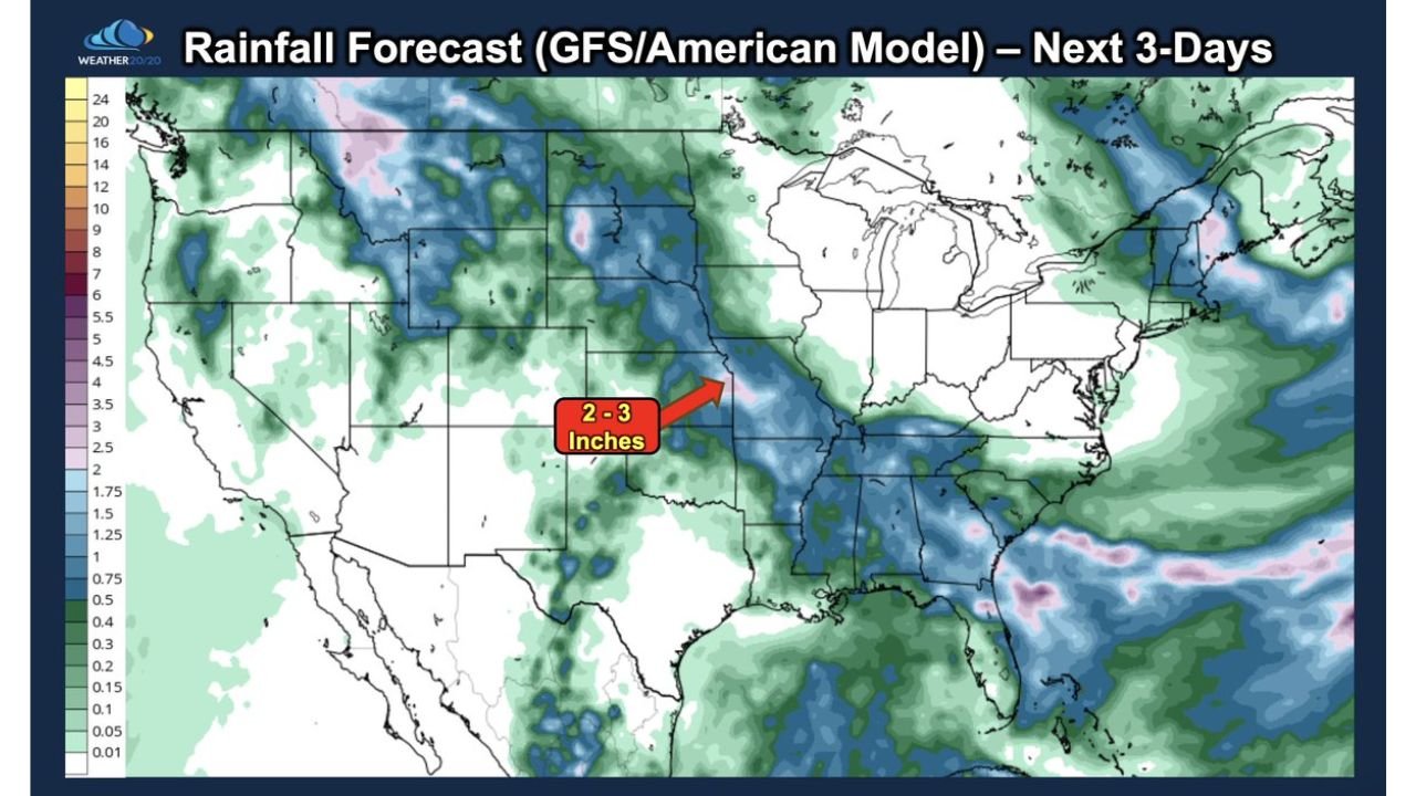 2 to 4 Inches of Rain Forecast for Kansas City This Weekend With July Heat Waves Already Predicted Months in Advance by LRC