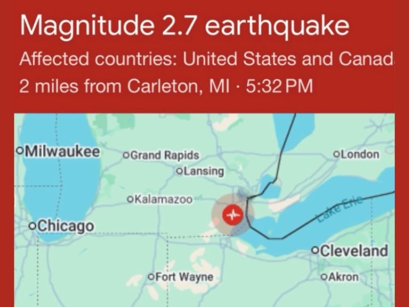 2.7 Magnitude Earthquake Strikes 2 Miles From Carleton in Monroe County Southeast Michigan at 5:32 PM Second Quake to Hit Metro Detroit Area in Under 8 Days