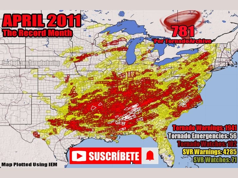 781 Tornadoes and 4 EF-5s Made April 2011 the All-Time Record Month for US Tornado Activity &mdash; April 2026 Reached Only 301 Reports, Not Even Half That Total