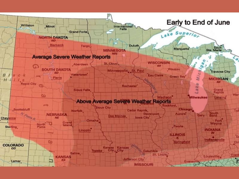 Above Average Severe Weather Activity Expected Across Corn Belt Including Nebraska Iowa Illinois Missouri and Wisconsin Through June 2026 Most Active Mid to End of Month