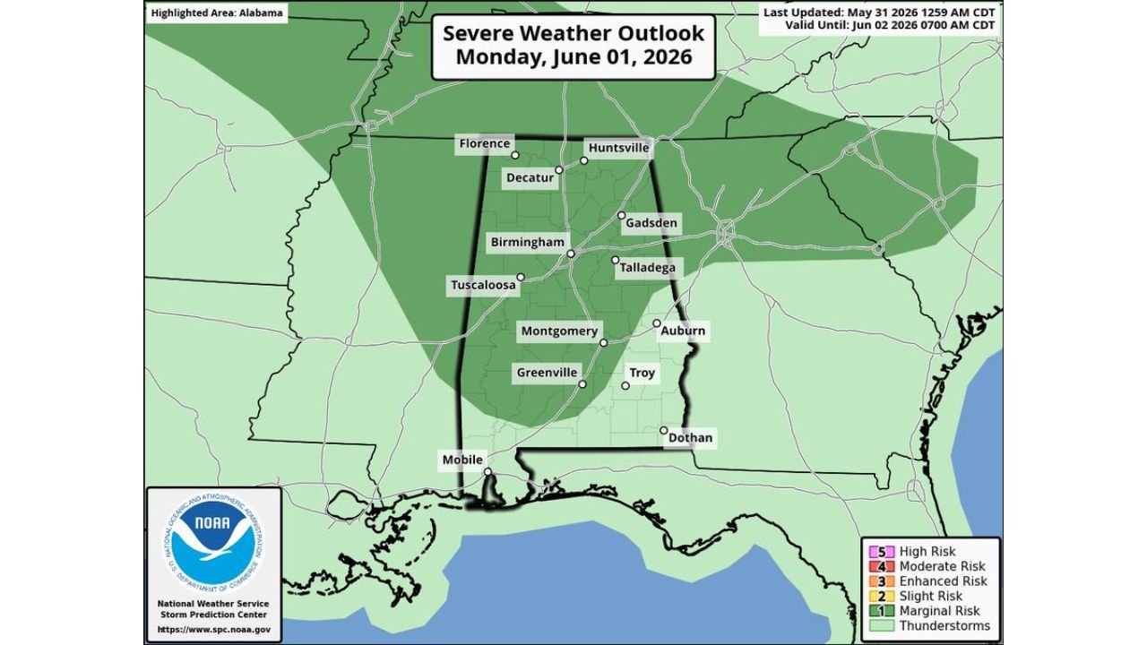 Alabama Faces Severe Storms and Damaging Straight Line Winds as SPC Issues Marginal Risk Monday