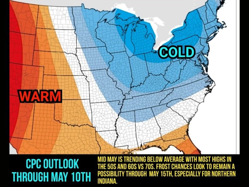 Below Average Temperatures With Frost Risk Gripping Indiana and Midwest Through Mid May With 50s and 60s Expected and Agricultural Impacts Likely Into Next Week