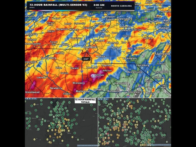 Beneficial 72-Hour Rainfall Totals Putting Huge Dent in Drought Across North Carolina and South Carolina Including Charlotte Statesville and Kershaw With More Rain