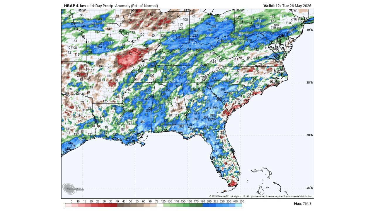 Beneficial Rain Making Dent in Drought Across the Southeast but 6 to 18 More Inches Needed as Wet Pattern Continues 10 to 15 Days