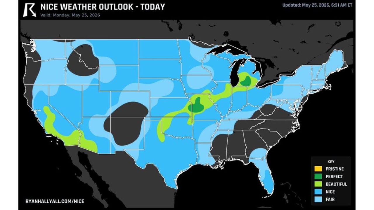 Best Weather in the USA Today Runs From Olathe Kansas Through Kalamazoo and Lansing Michigan This Monday May 25