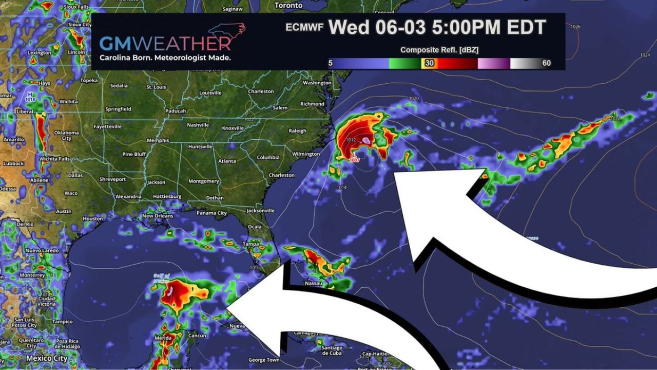 Carolina Coast Showing Tropical Spin Along Frontal Boundary as EURO and GFS Trap Gulf Energy on June 3