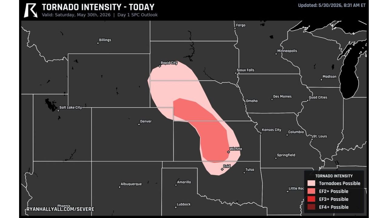 Central Kansas and Southern Nebraska Facing EF2 Plus Tornado Threat With Level 2 Intensity Risk Active Today May 30